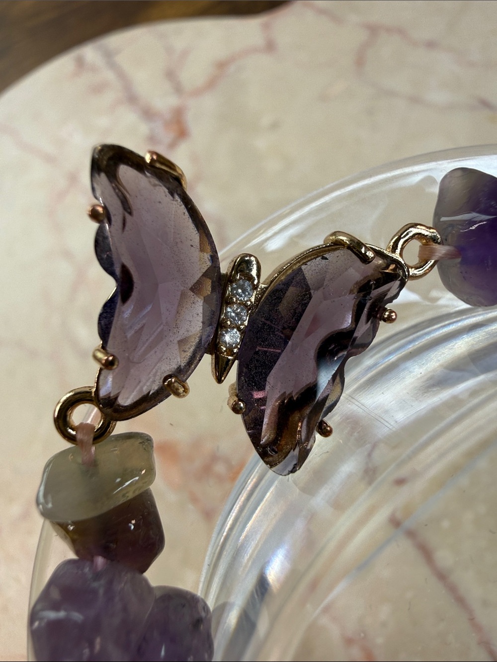 Amethyst Butterfly & Leaf Link Elastic Bracelet - Purple Gemstone Jewelry